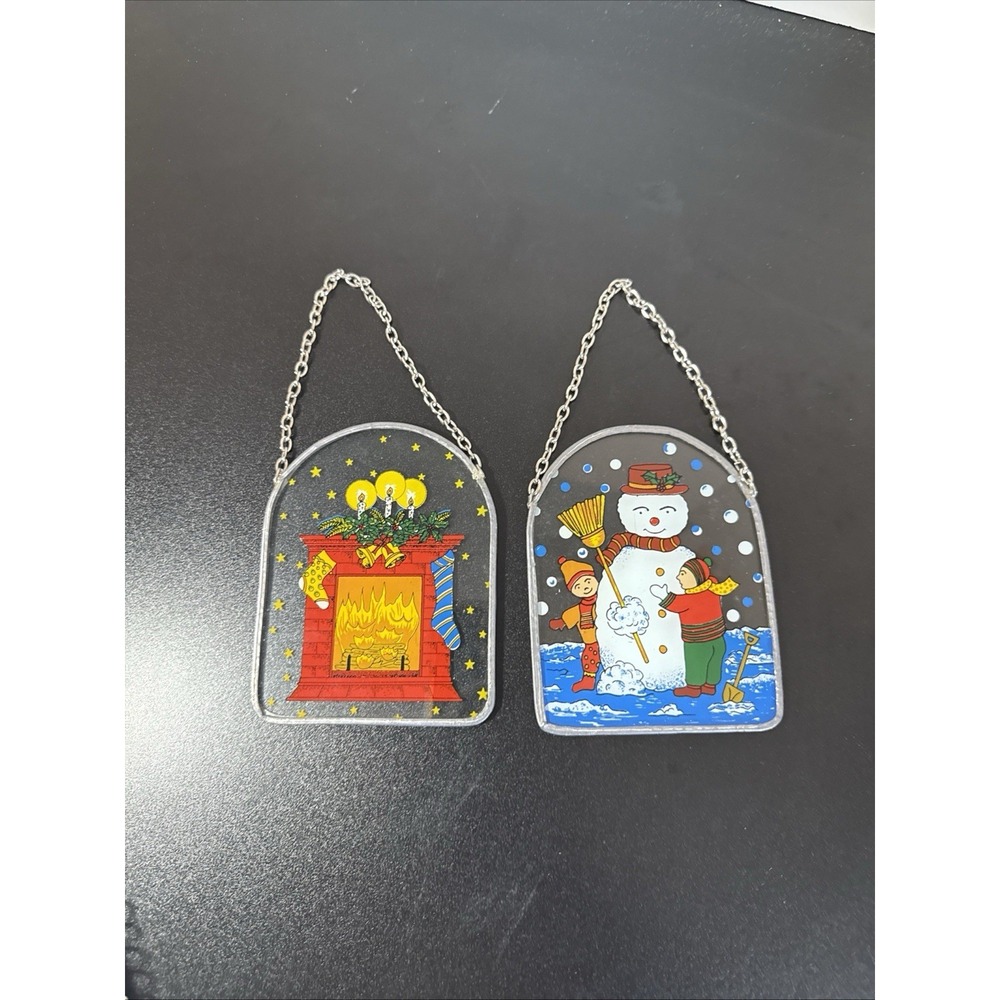 Vintage Holiday Snowman/Fireplace Metal/Glass Hanging Sun Catchers Set Of 2 - Picture 5 of 6